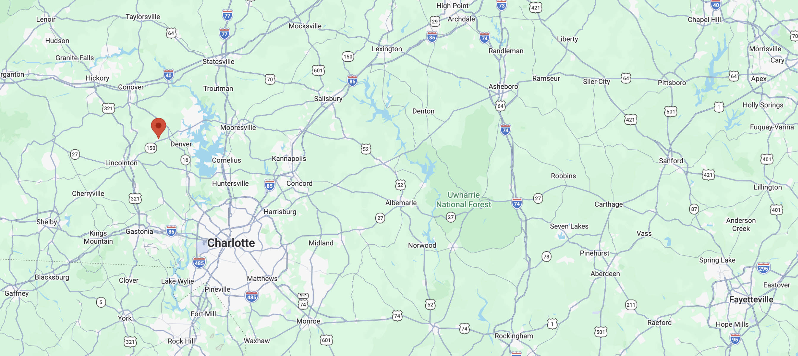 Holland Pump's Charlotte dewatering and pump rental branch on a map of North Carolina