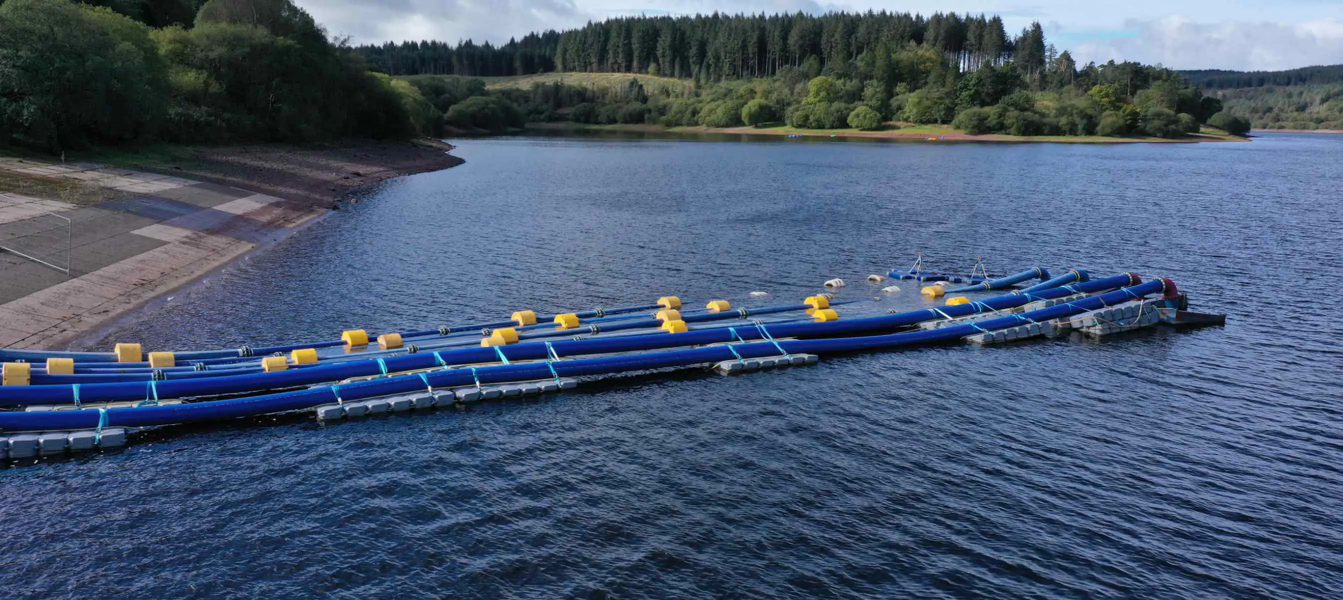 Selwood pump system on hire at Usk Reservoir from the Bridgend depot in South Wales