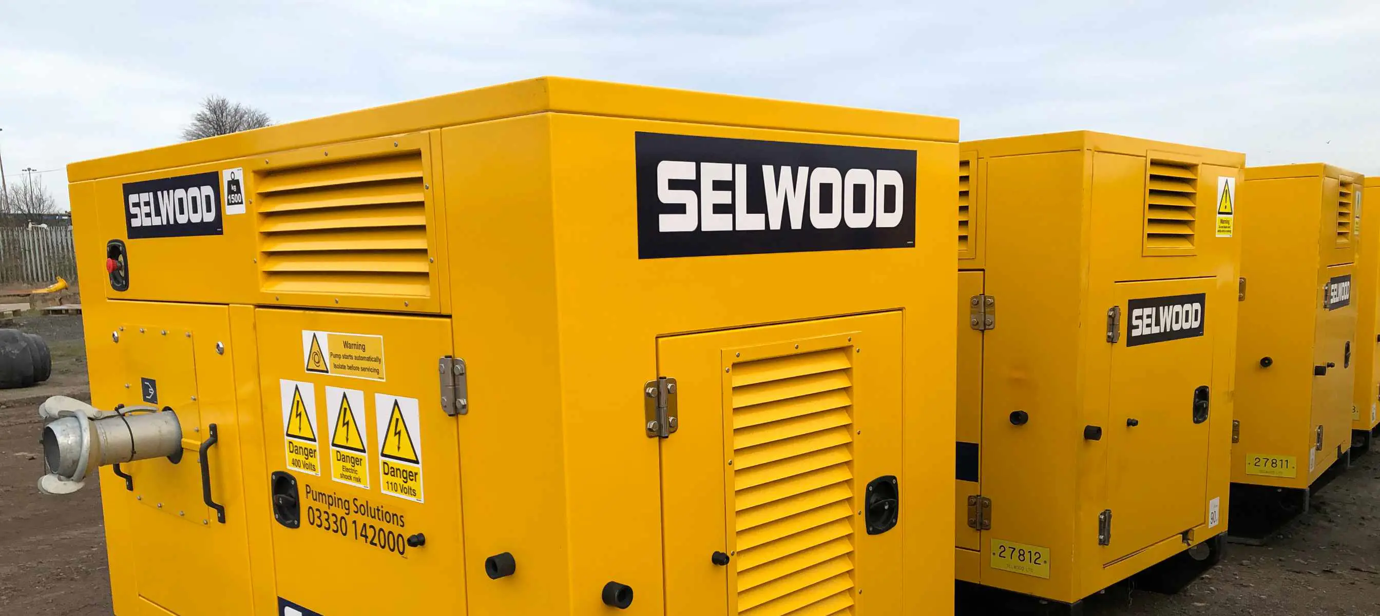 Selwood S100 pumps in a line ready to be dispatched for hire from Great Yarmouth depot