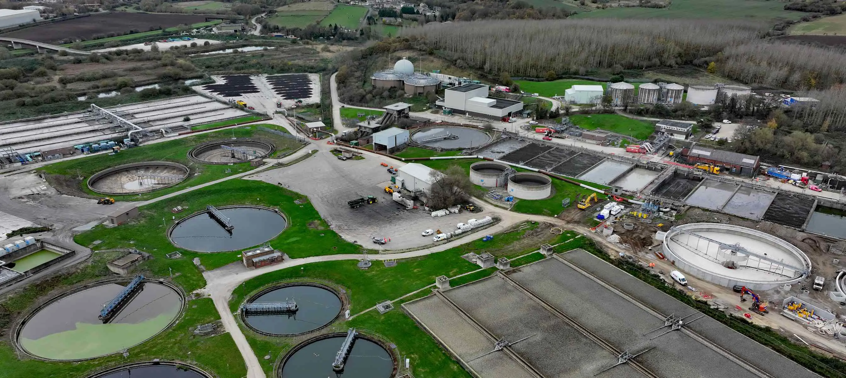 A drone photograph of the Dewsbury Sewage Treatment Works with Selwood pumps on site on hire from the Hull depot