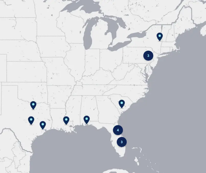 Holland Pump branch locations across the US East Coast and Gulf region including Florida, Texas, Louisiana, and the East Coast