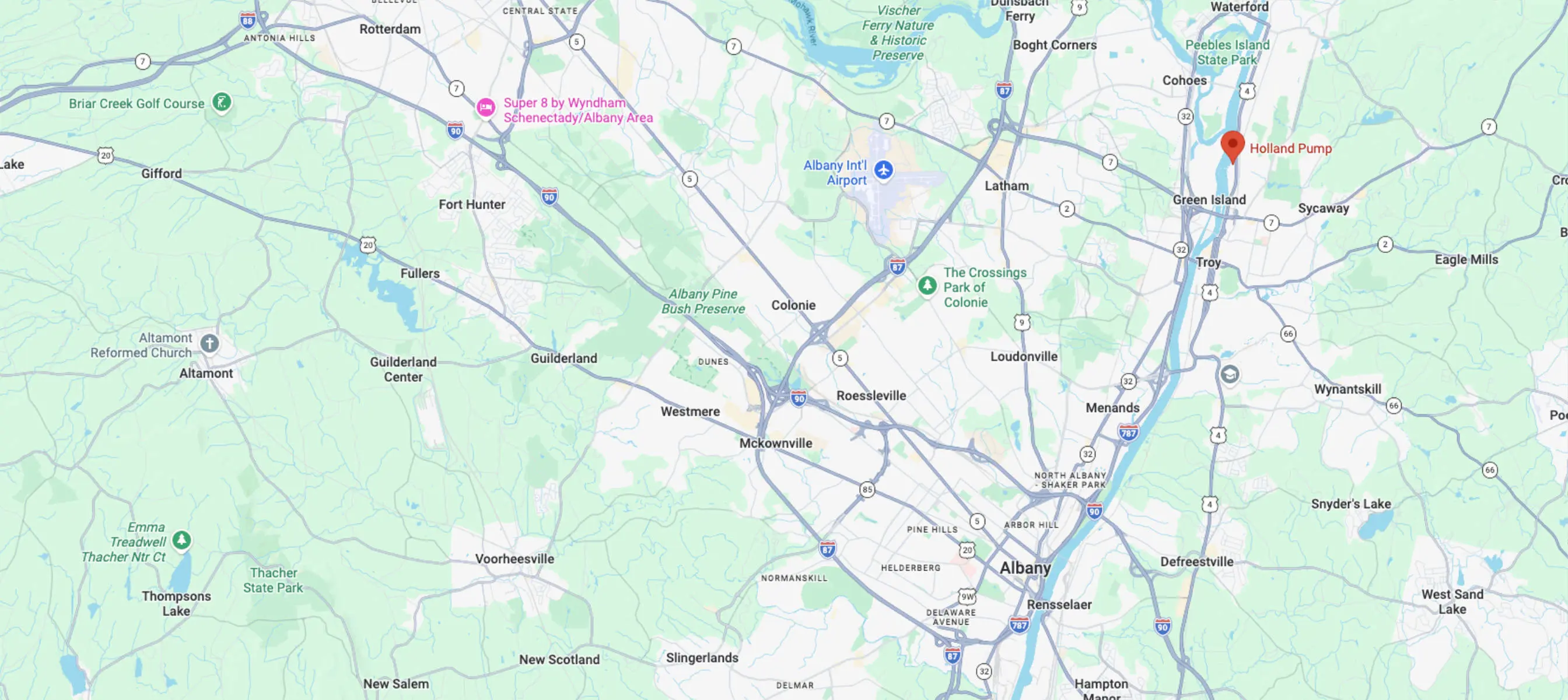 A map showing Holland Pump's Albany branch in New York